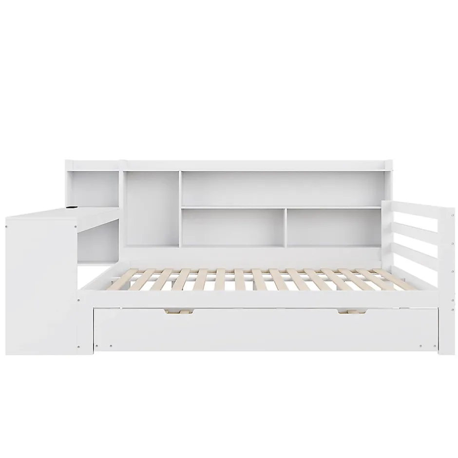 Blackcolors Canapé-lit bois 140x200cm blanc bureau/casiers/prises lit escamotable multifonction