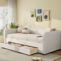 ModernLuxe Canapé-lit capitonné 90x200cm - Avec lit gigogne - 2 tiroirs de rangement - Port USB - Tissu bouclé - Beige (sans matelas) Sale