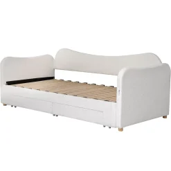 ModernLuxe Canapé-lit capitonné 90x200cm - Avec lit gigogne - 2 tiroirs de rangement - Port USB - Tissu bouclé - Beige (sans matelas) Sale