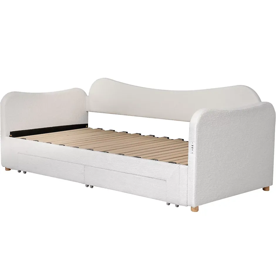 ModernLuxe Canapé-lit capitonné 90x200cm - Avec lit gigogne - 2 tiroirs de rangement - Port USB - Tissu bouclé - Beige (sans matelas) Sale