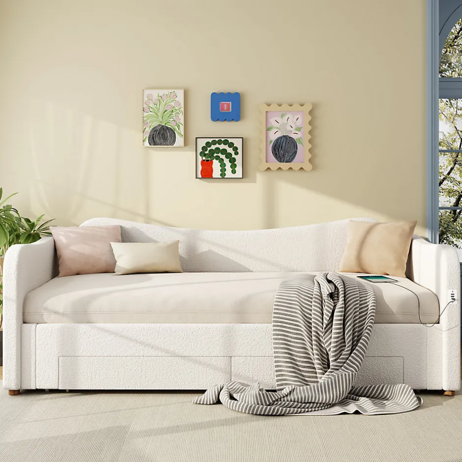 ModernLuxe Canapé-lit capitonné 90x200cm - Avec lit gigogne - 2 tiroirs de rangement - Port USB - Tissu bouclé - Beige (sans matelas) Sale