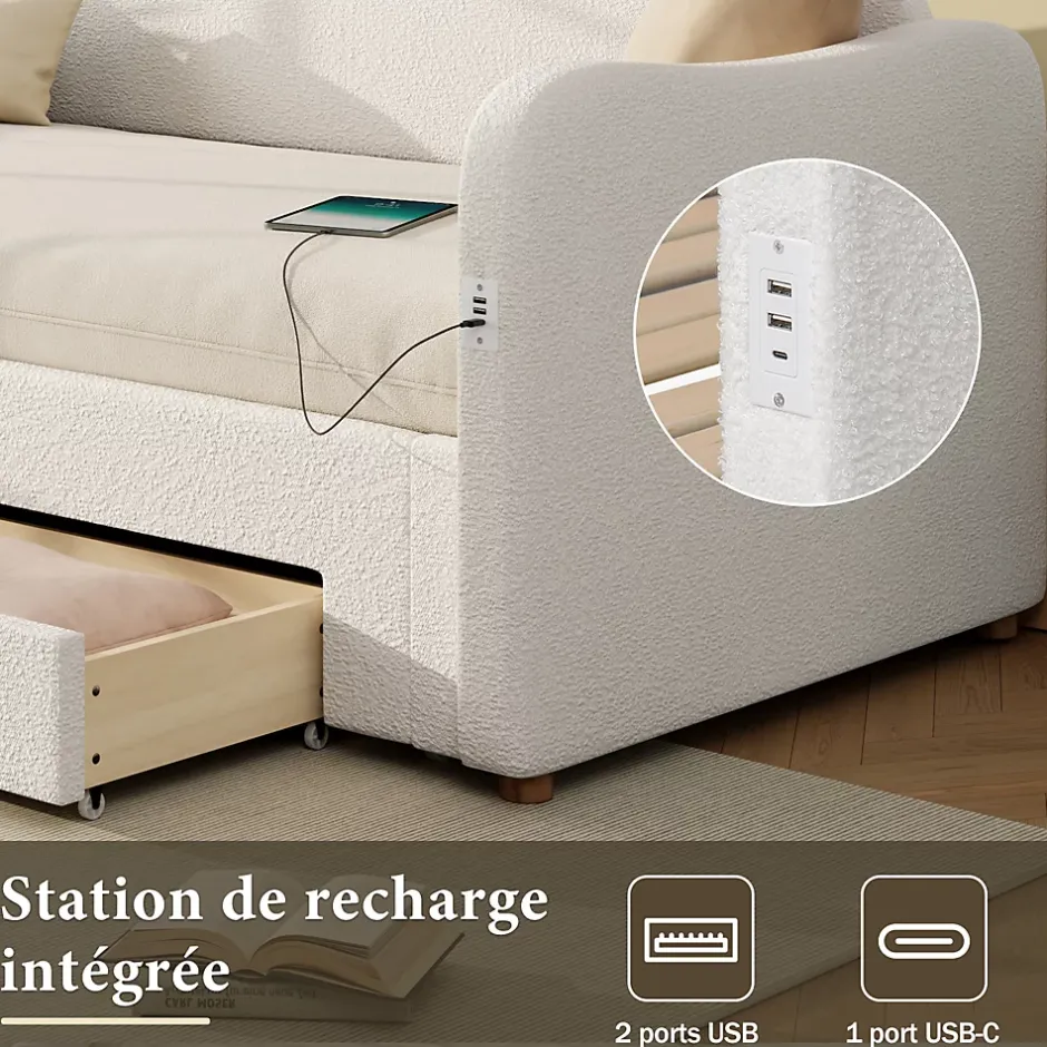 ModernLuxe Canapé-lit capitonné 90x200cm - Avec lit gigogne - 2 tiroirs de rangement - Port USB - Tissu bouclé - Beige (sans matelas) Sale