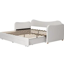 ModernLuxe Canapé-lit capitonné 90x200cm - Avec lit gigogne - 2 tiroirs de rangement - Port USB - Tissu bouclé - Beige (sans matelas) Sale