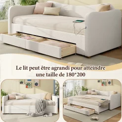 ModernLuxe Canapé-lit capitonné 90x200cm - Avec lit gigogne - 2 tiroirs de rangement - Port USB - Tissu bouclé - Beige (sans matelas) Sale