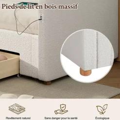 ModernLuxe Canapé-lit capitonné 90x200cm - Avec lit gigogne - 2 tiroirs de rangement - Port USB - Tissu bouclé - Beige (sans matelas) Sale