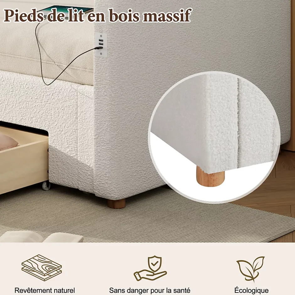 ModernLuxe Canapé-lit capitonné 90x200cm - Avec lit gigogne - 2 tiroirs de rangement - Port USB - Tissu bouclé - Beige (sans matelas) Sale