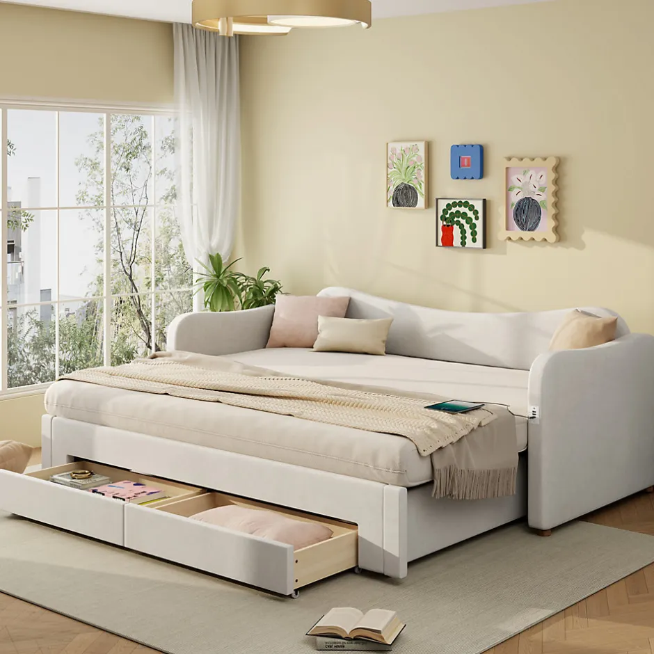 ModernLuxe Canapé-lit capitonné 90x200cm - Avec lit gigogne - 2 tiroirs de rangement - Port USB - Tissu velours - Beige (Matelas non inclus)