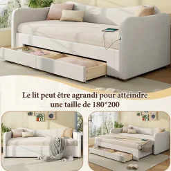 ModernLuxe Canapé-lit capitonné 90x200cm - Avec lit gigogne - 2 tiroirs de rangement - Port USB - Tissu velours - Beige (Matelas non inclus)