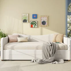 ModernLuxe Canapé-lit capitonné 90x200cm - Avec lit gigogne - 2 tiroirs de rangement - Port USB - Tissu velours - Beige (Matelas non inclus)
