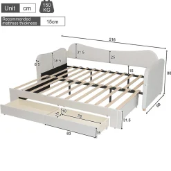 ModernLuxe Canapé-lit capitonné 90x200cm - Avec lit gigogne - 2 tiroirs de rangement - Port USB - Tissu velours - Beige (Matelas non inclus)