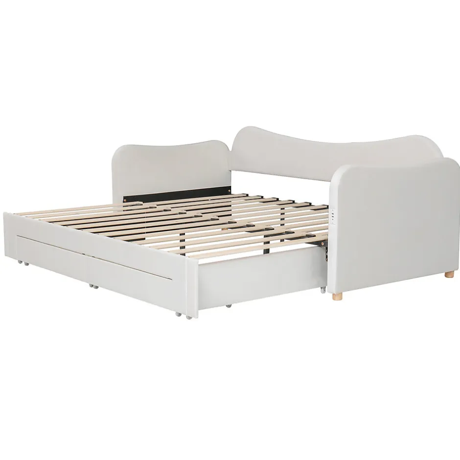 ModernLuxe Canapé-lit capitonné 90x200cm - Avec lit gigogne - 2 tiroirs de rangement - Port USB - Tissu velours - Beige (Matelas non inclus)
