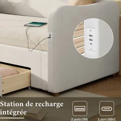 ModernLuxe Canapé-lit capitonné 90x200cm - Avec lit gigogne - 2 tiroirs de rangement - Port USB - Tissu velours - Beige (Matelas non inclus)
