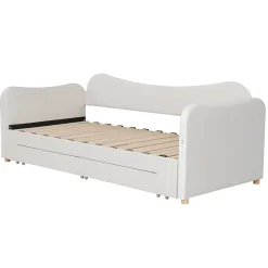 ModernLuxe Canapé-lit capitonné 90x200cm - Avec lit gigogne - 2 tiroirs de rangement - Port USB - Tissu velours - Beige (Matelas non inclus)