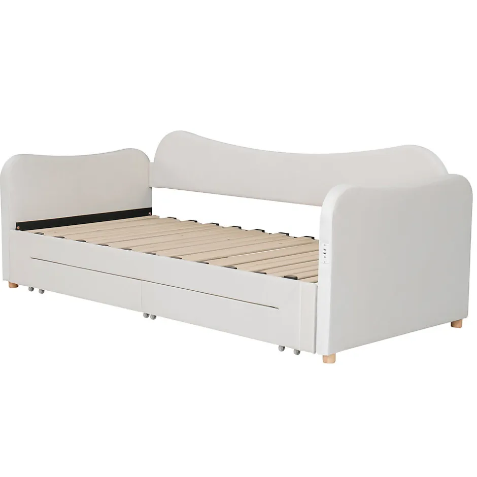 ModernLuxe Canapé-lit capitonné 90x200cm - Avec lit gigogne - 2 tiroirs de rangement - Port USB - Tissu velours - Beige (Matelas non inclus)