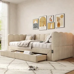 ModernLuxe Canapé-lit capitonné 90x190cm - lit gigogne - 2 tiroirs - port USB - tissu chenille - beige (matelas non inclus)