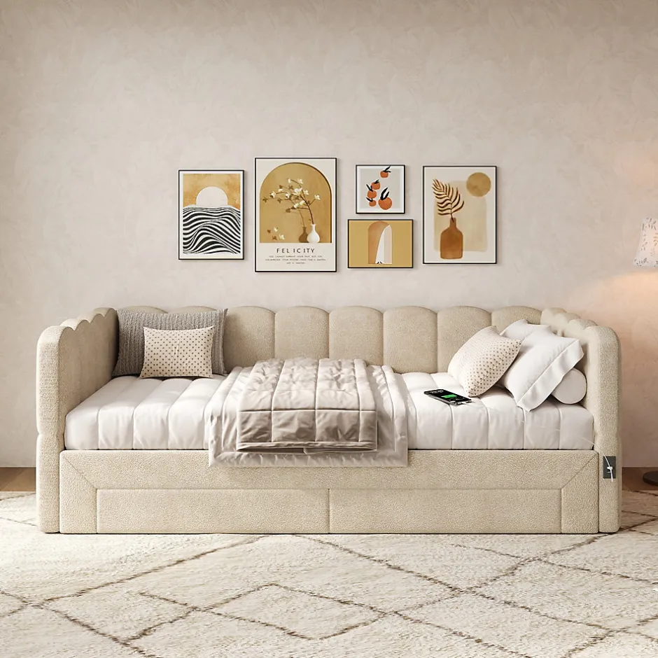 ModernLuxe Canapé-lit capitonné 90x190cm - lit gigogne - 2 tiroirs - port USB - tissu chenille - beige (matelas non inclus)