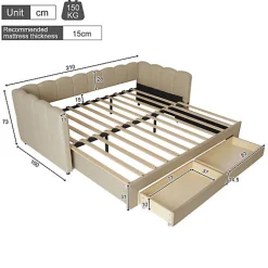 ModernLuxe Canapé-lit capitonné 90x190cm - lit gigogne - 2 tiroirs - port USB - tissu chenille - beige (matelas non inclus)