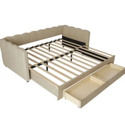 ModernLuxe Canapé-lit capitonné 90x190cm - lit gigogne - 2 tiroirs - port USB - tissu chenille - beige (matelas non inclus)
