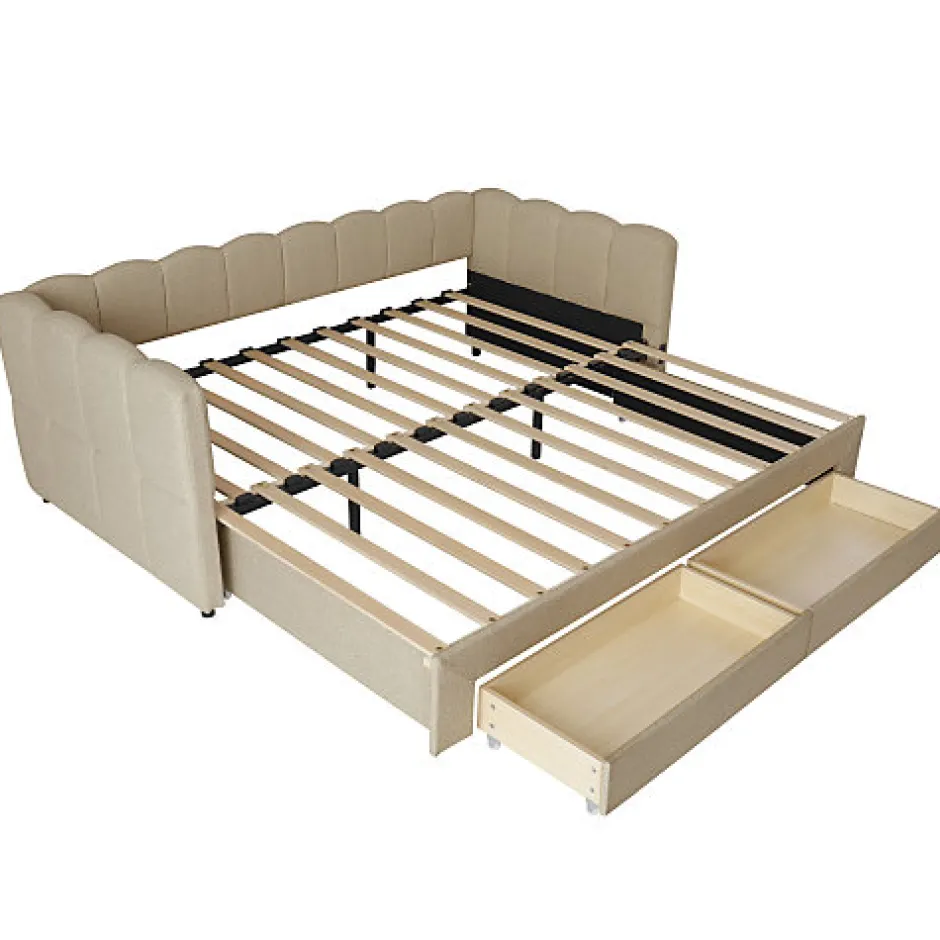ModernLuxe Canapé-lit capitonné 90x190cm - lit gigogne - 2 tiroirs - port USB - tissu chenille - beige (matelas non inclus)