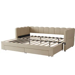 ModernLuxe Canapé-lit capitonné 90x190cm - lit gigogne - 2 tiroirs - port USB - tissu chenille - beige (matelas non inclus)