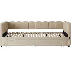 ModernLuxe Canapé-lit capitonné 90x200cm - lit gigogne - 2 tiroirs - port USB - tissu chenille - beige (matelas non inclus) Clearance