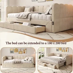 ModernLuxe Canapé-lit capitonné 90x200cm - lit gigogne - 2 tiroirs - port USB - tissu chenille - beige (matelas non inclus) Clearance