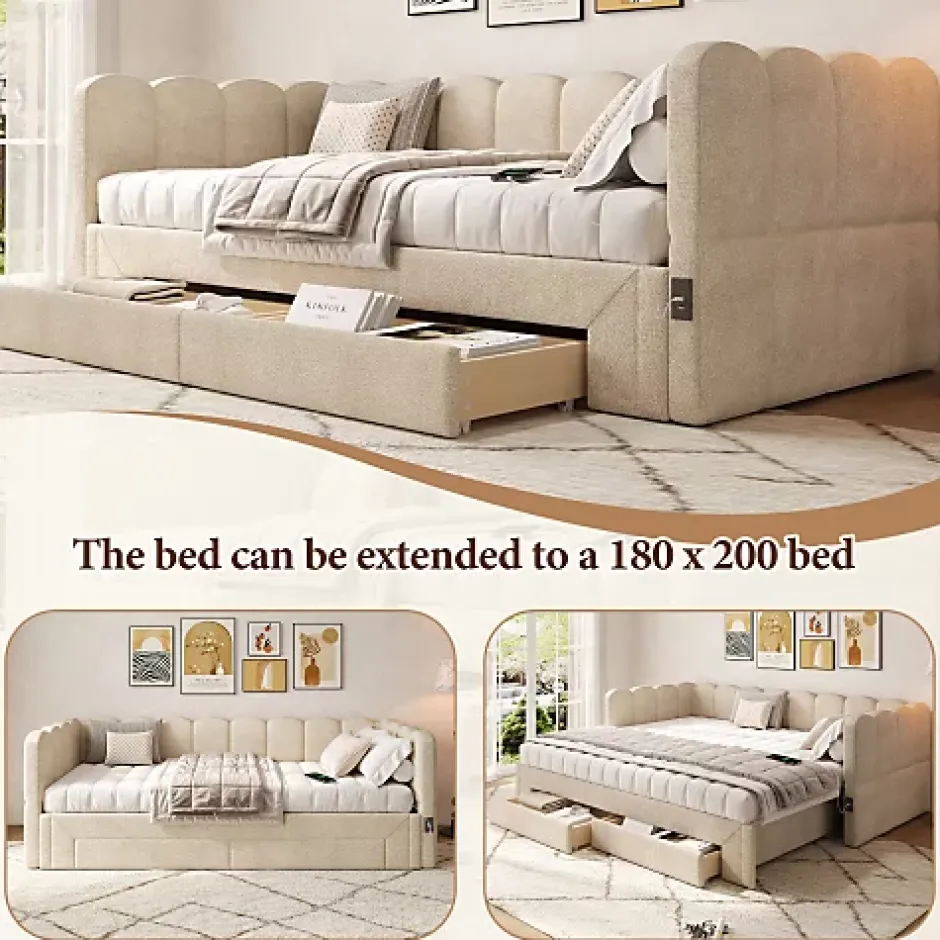 ModernLuxe Canapé-lit capitonné 90x200cm - lit gigogne - 2 tiroirs - port USB - tissu chenille - beige (matelas non inclus) Clearance