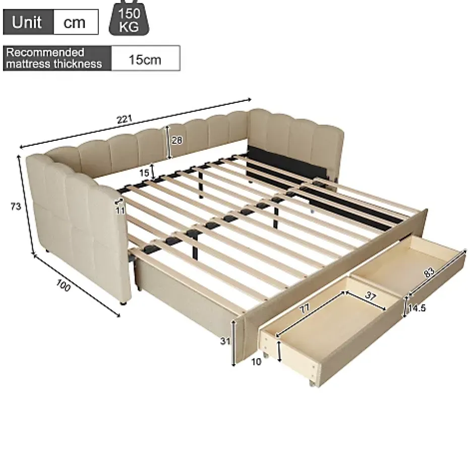 ModernLuxe Canapé-lit capitonné 90x200cm - lit gigogne - 2 tiroirs - port USB - tissu chenille - beige (matelas non inclus) Clearance