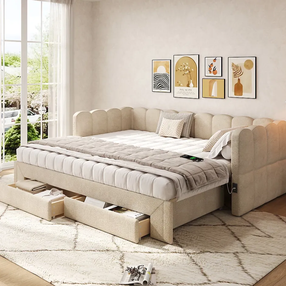 ModernLuxe Canapé-lit capitonné 90x200cm - lit gigogne - 2 tiroirs - port USB - tissu chenille - beige (matelas non inclus) Clearance