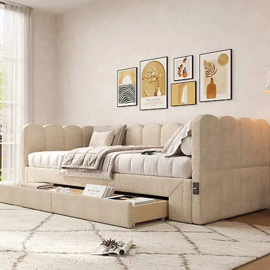 ModernLuxe Canapé-lit capitonné 90x200cm - lit gigogne - 2 tiroirs - port USB - tissu chenille - beige (matelas non inclus) Clearance