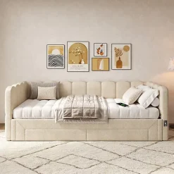 ModernLuxe Canapé-lit capitonné 90x200cm - lit gigogne - 2 tiroirs - port USB - tissu chenille - beige (matelas non inclus) Clearance