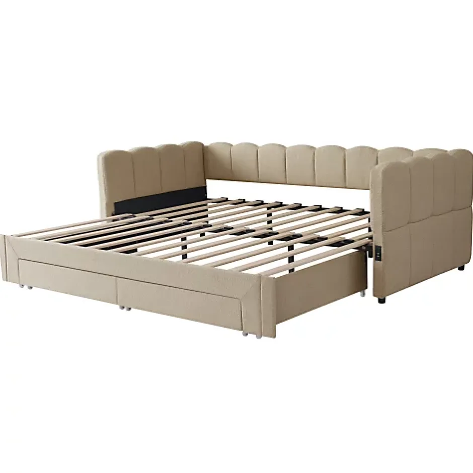 ModernLuxe Canapé-lit capitonné 90x200cm - lit gigogne - 2 tiroirs - port USB - tissu chenille - beige (matelas non inclus) Clearance