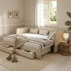 ModernLuxe Canapé-lit capitonné 90x200cm - lit gigogne - 2 tiroirs - port USB - tissu chenille - beige (matelas non inclus) Clearance