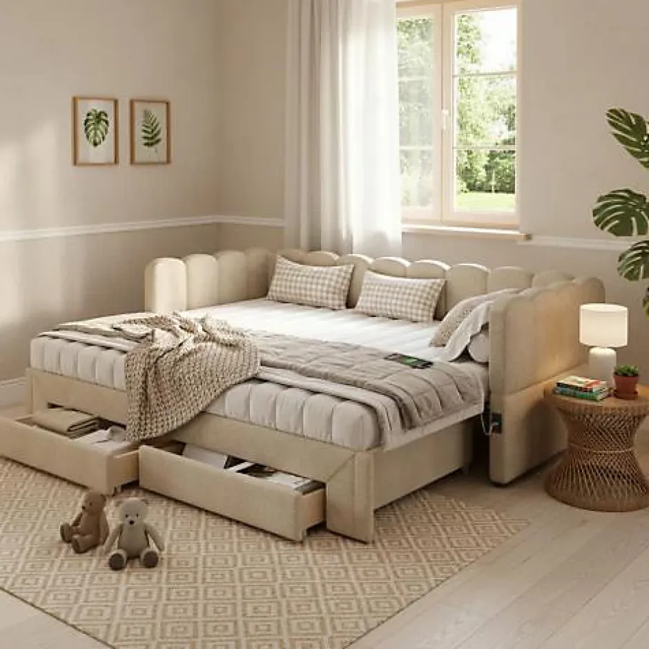 ModernLuxe Canapé-lit capitonné 90x200cm - lit gigogne - 2 tiroirs - port USB - tissu chenille - beige (matelas non inclus) Clearance