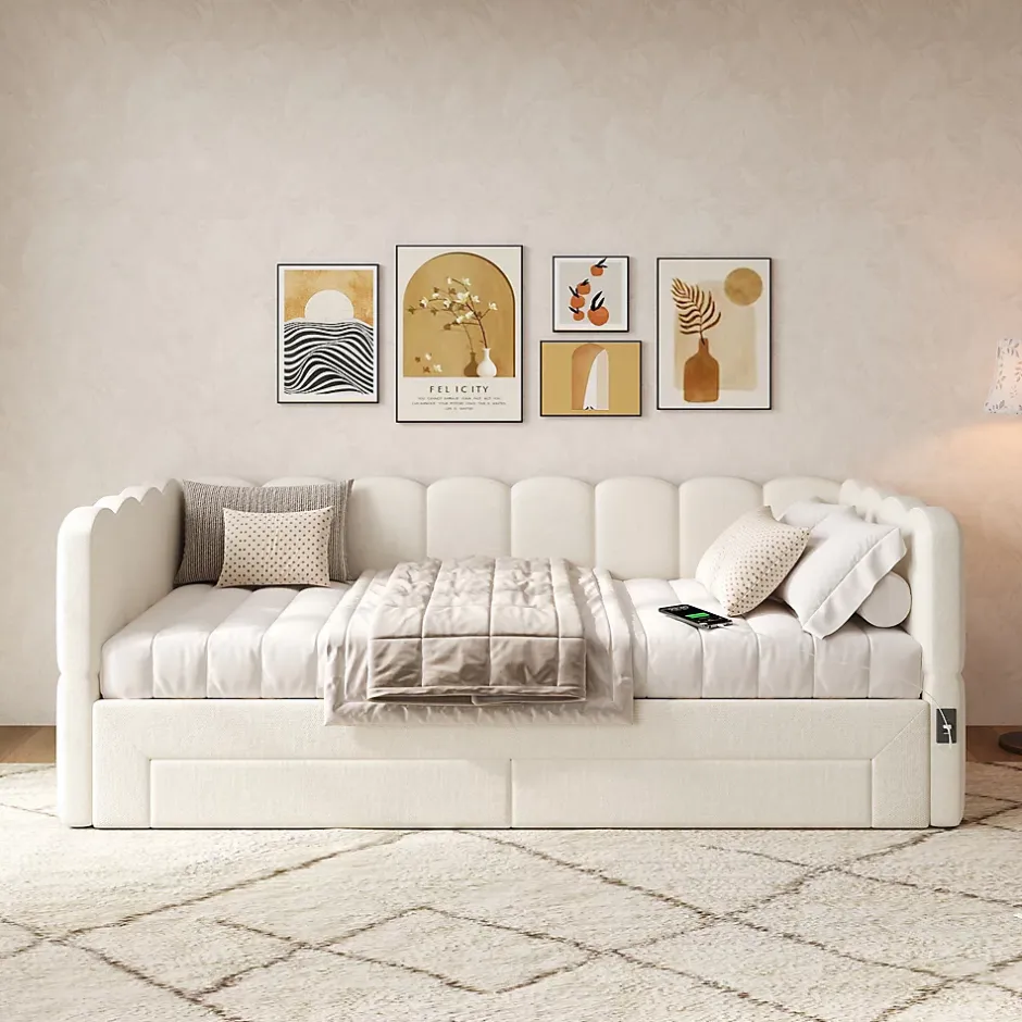 ModernLuxe Canapé-lit capitonné 90x190cm - lit gigogne - 2 tiroirs - port USB - tissu chenille - beige (matelas non inclus) Sale