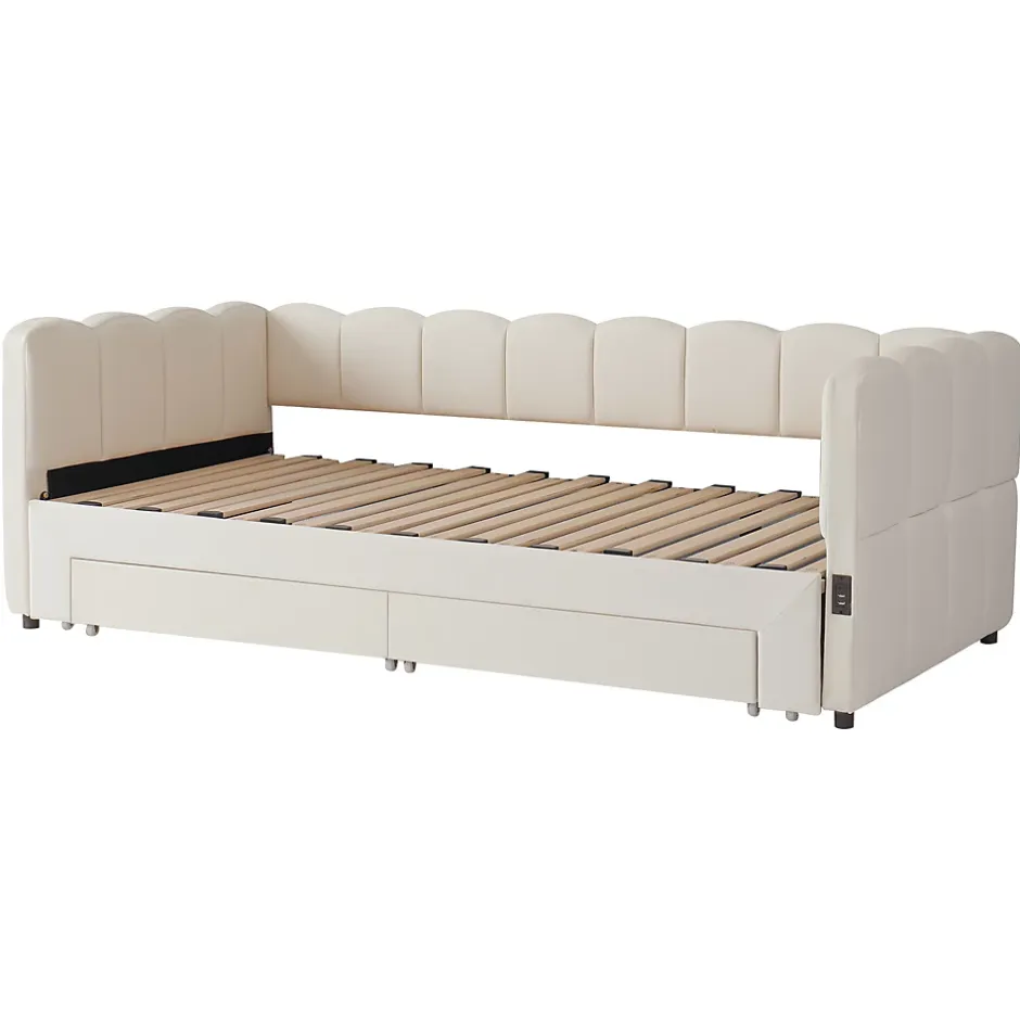 ModernLuxe Canapé-lit capitonné 90x190cm - lit gigogne - 2 tiroirs - port USB - tissu chenille - beige (matelas non inclus) Sale