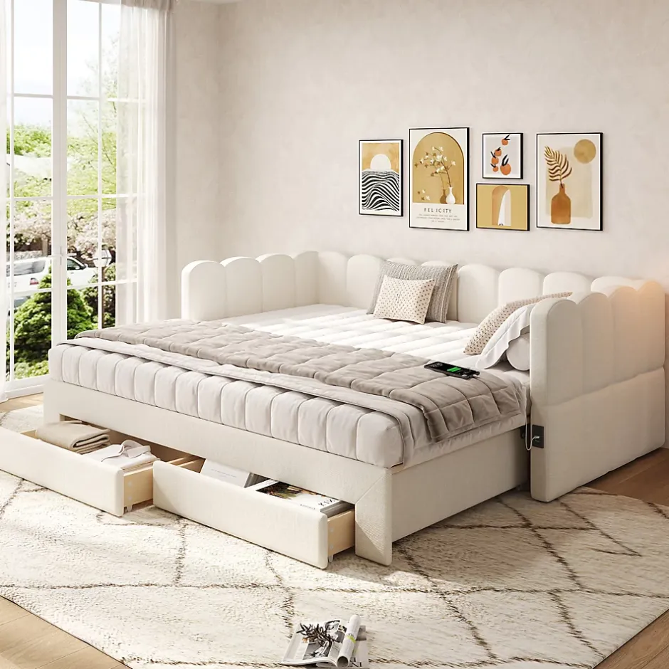 ModernLuxe Canapé-lit capitonné 90x190cm - lit gigogne - 2 tiroirs - port USB - tissu chenille - beige (matelas non inclus) Sale