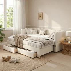 ModernLuxe Canapé-lit capitonné 90x190cm - lit gigogne - 2 tiroirs - port USB - tissu chenille - beige (matelas non inclus) Sale