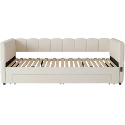 ModernLuxe Canapé-lit capitonné 90x190cm - lit gigogne - 2 tiroirs - port USB - tissu chenille - beige (matelas non inclus) Sale