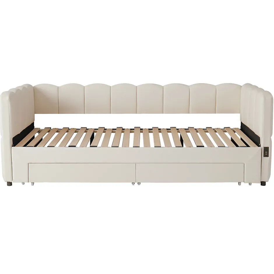 ModernLuxe Canapé-lit capitonné 90x190cm - lit gigogne - 2 tiroirs - port USB - tissu chenille - beige (matelas non inclus) Sale
