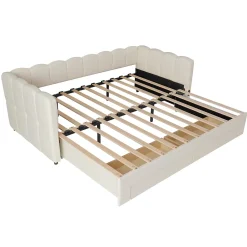 ModernLuxe Canapé-lit capitonné 90x190cm - lit gigogne - 2 tiroirs - port USB - tissu chenille - beige (matelas non inclus) Sale