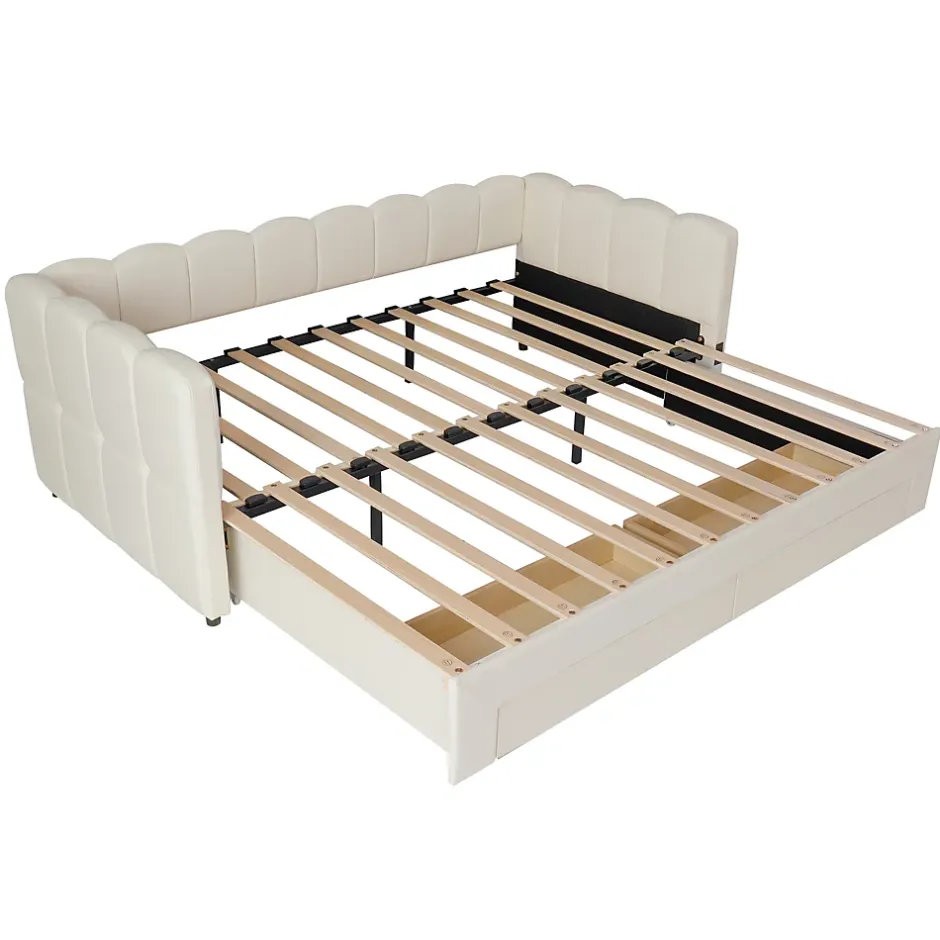 ModernLuxe Canapé-lit capitonné 90x190cm - lit gigogne - 2 tiroirs - port USB - tissu chenille - beige (matelas non inclus) Sale