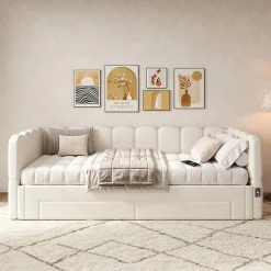 ModernLuxe Canapé-lit capitonné 90x200cm - lit gigogne - 2 tiroirs - port USB - tissu chenille - beige (matelas non inclus)
