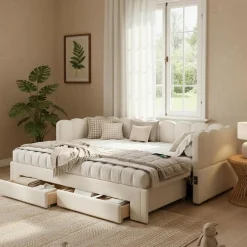 ModernLuxe Canapé-lit capitonné 90x200cm - lit gigogne - 2 tiroirs - port USB - tissu chenille - beige (matelas non inclus)