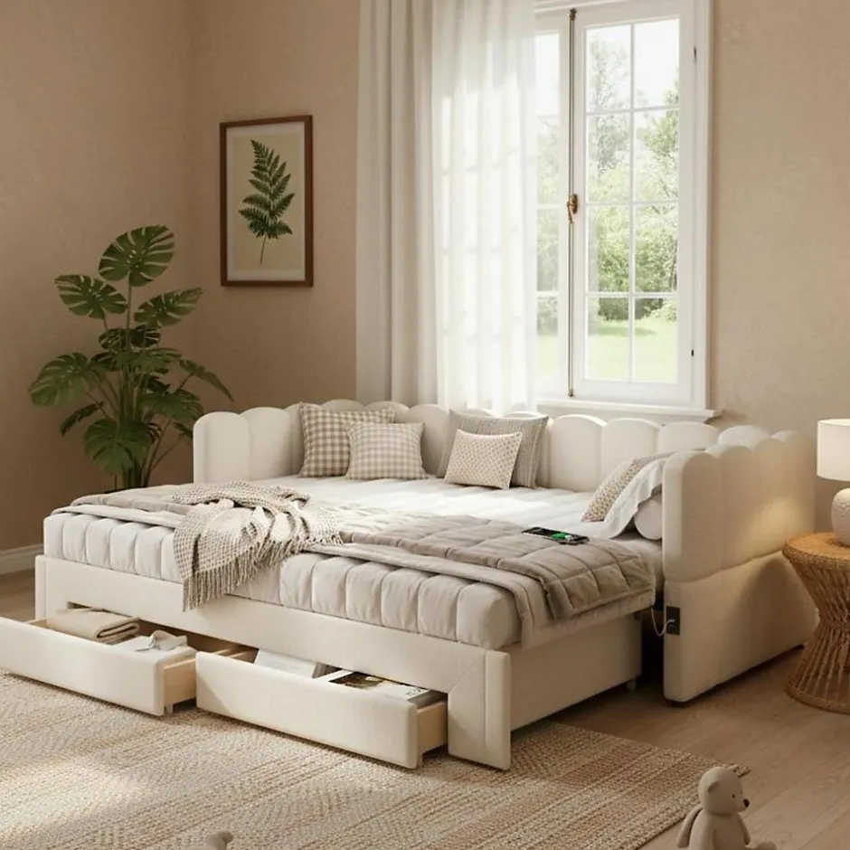 ModernLuxe Canapé-lit capitonné 90x200cm - lit gigogne - 2 tiroirs - port USB - tissu chenille - beige (matelas non inclus)