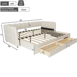 ModernLuxe Canapé-lit capitonné 90x200cm - lit gigogne - 2 tiroirs - port USB - tissu chenille - beige (matelas non inclus)