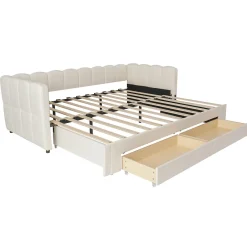 ModernLuxe Canapé-lit capitonné 90x200cm - lit gigogne - 2 tiroirs - port USB - tissu chenille - beige (matelas non inclus)