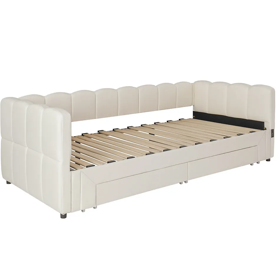 ModernLuxe Canapé-lit capitonné 90x200cm - lit gigogne - 2 tiroirs - port USB - tissu chenille - beige (matelas non inclus)