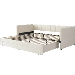 ModernLuxe Canapé-lit capitonné 90x200cm - lit gigogne - 2 tiroirs - port USB - tissu chenille - beige (matelas non inclus)