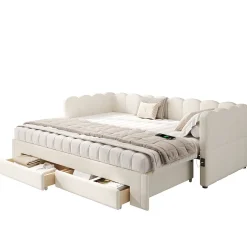 ModernLuxe Canapé-lit capitonné 90x200cm - lit gigogne - 2 tiroirs - port USB - tissu chenille - beige (matelas non inclus)